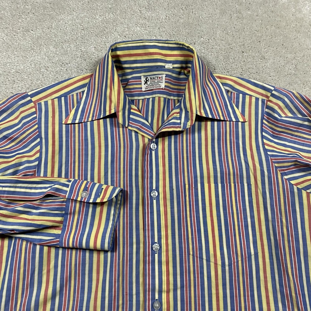 VTG 70s Macy's Shirt Mens L Multicolor Stripe Flared Dagger Disco British Retro